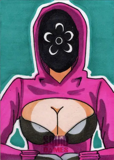 Pink hooded figure with flower mask on 2023 5finity Squid Dames sketch card by Andy Bohn