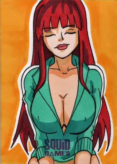 Cartoon woman in Squid Game tracksuit on 2023 5finity Squid Dames Sketch Card by Andy Bohn
