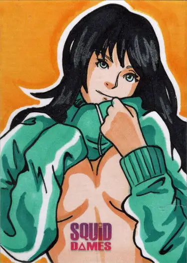 Anime-style woman in green tracksuit sketch card by Andy Bohn from Squid Dames 2023