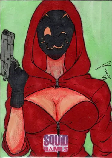 Red-suited figure with cat mask holding gun on 2023 5finity Squid Dames Sketch Card by Grae Sundberg
