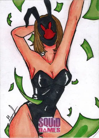 Bunny-masked woman in black bodysuit sketch card by Grae Sundberg for 5finity Squid Dames