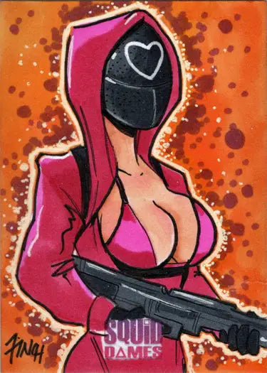 Cartoonish Squid Game guard sketch card with heart mask by Patrick Finch for Squid Dames