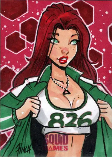 Cartoon woman in Squid Game attire on 2023 5finity Squid Dames Sketch Card by Patrick Finch