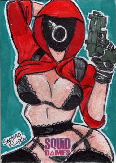 Provocative Squid Game guard drawing on 2023 5finity Squid Dames sketch card by Sammo Filipo