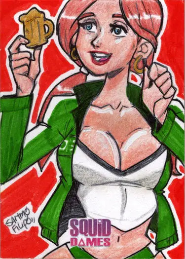 Sketch card featuring Cartoon Woman holding beer by Sammo Filipo from Squid Dames