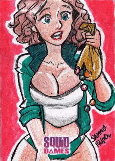 Cartoon woman in Squid Game attire on 2023 5finity Squid Dames Sketch Card by Sammo Filipo