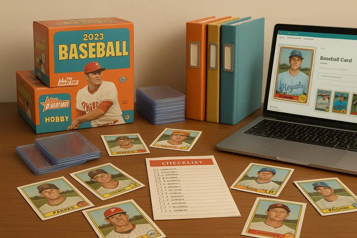 2023 Topps Heritage baseball hobby box with orange teal vintage player art