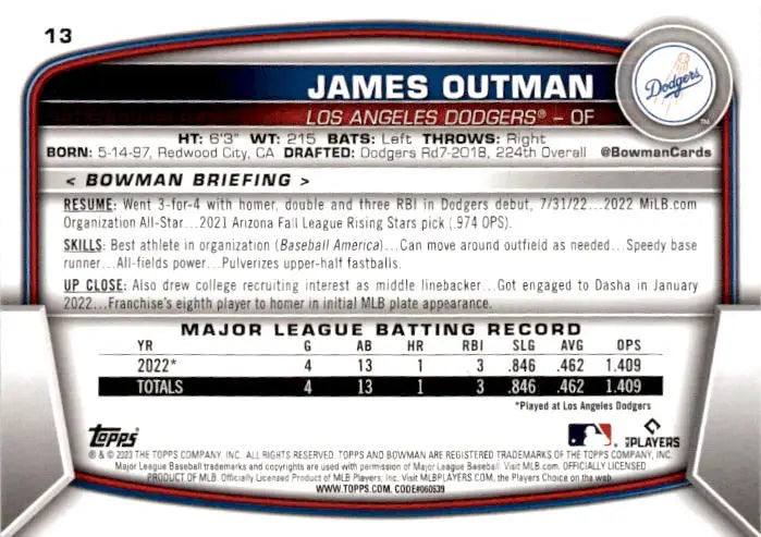 2023 Bowman #13 James Outman - Baseball Card Single
