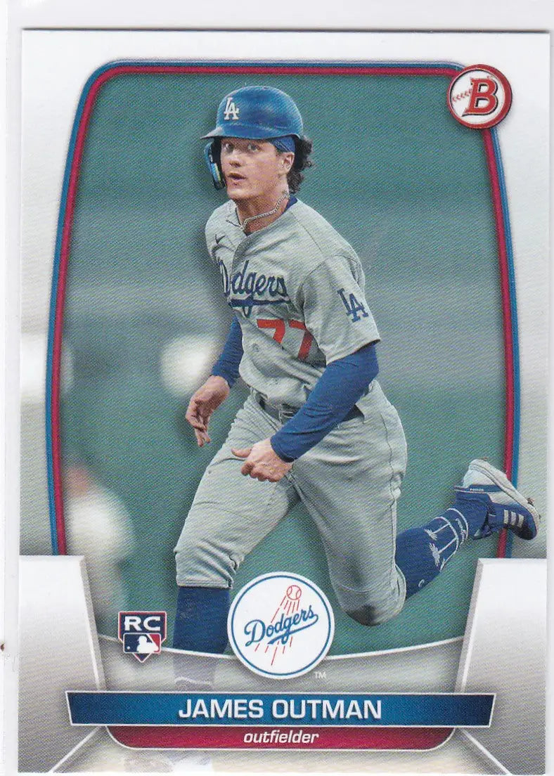 Baseball card of James Outman in gray uniform, Outman RC Los Angeles Dodgers