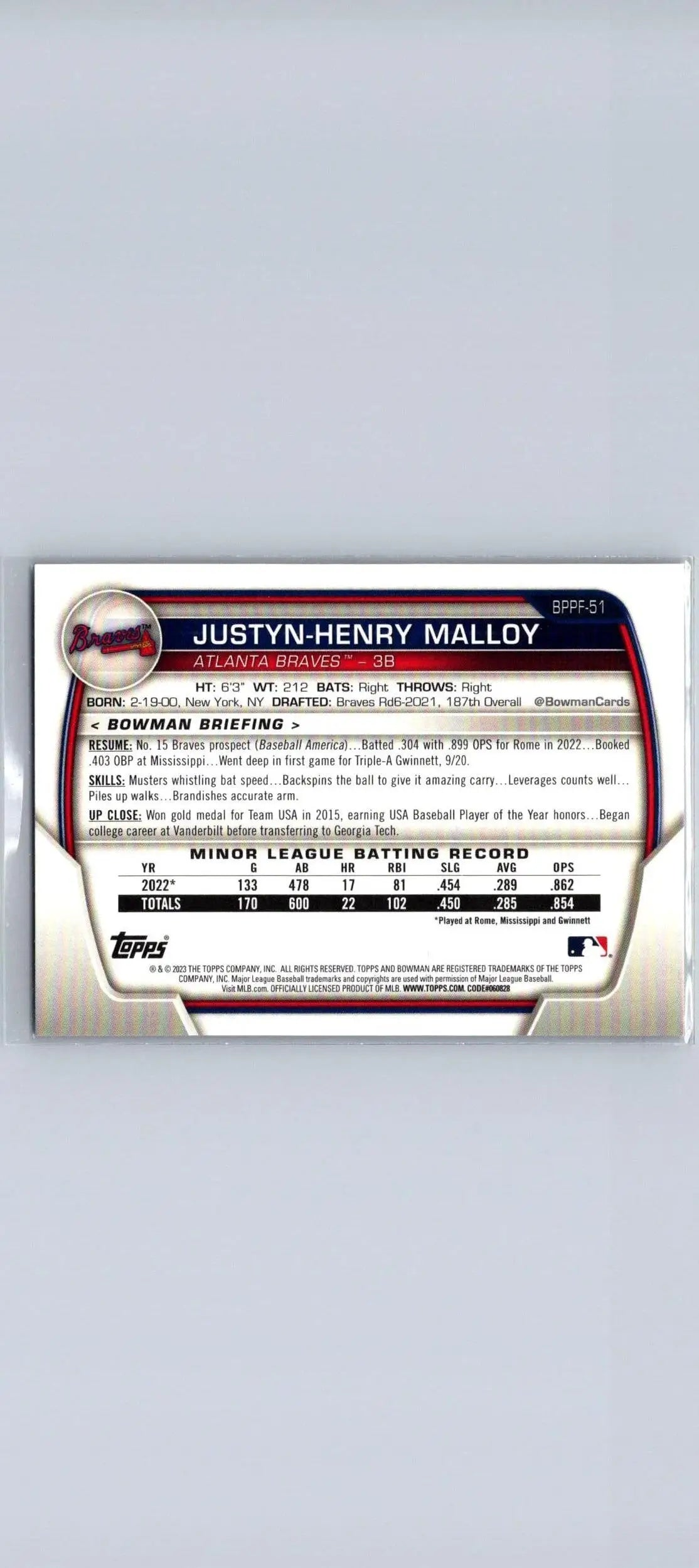 Baseball card back from 2023 Bowman 1st Edition Justyn Henry Malloy Sky Blue Foil