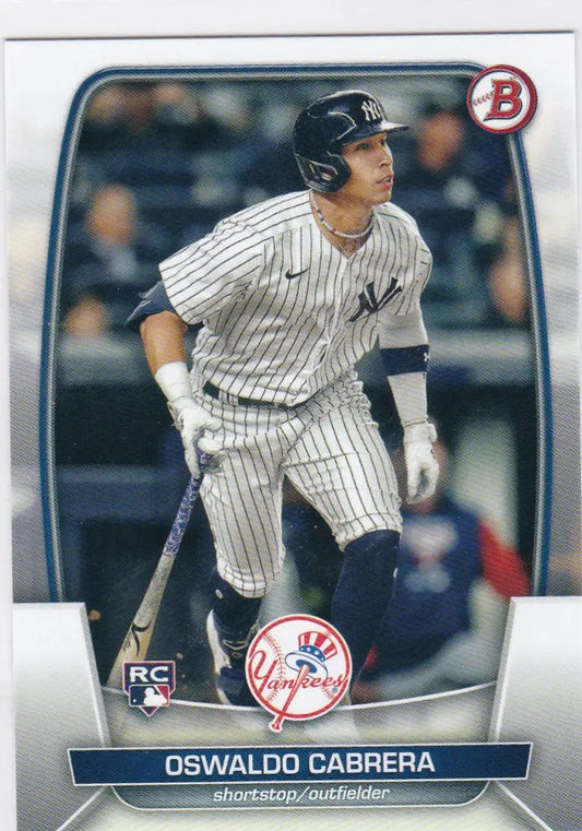 Baseball card of Oswaldo Cabrera in New York Yankees pinstripe uniform at bat