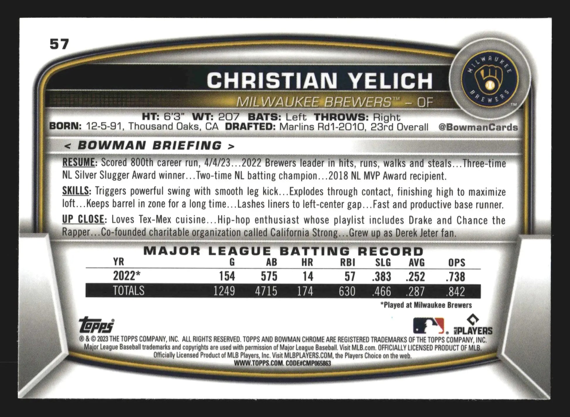 2023 Bowman #57 Christian Yelich Milwaukee Brewers Chrome - Baseball Card Single