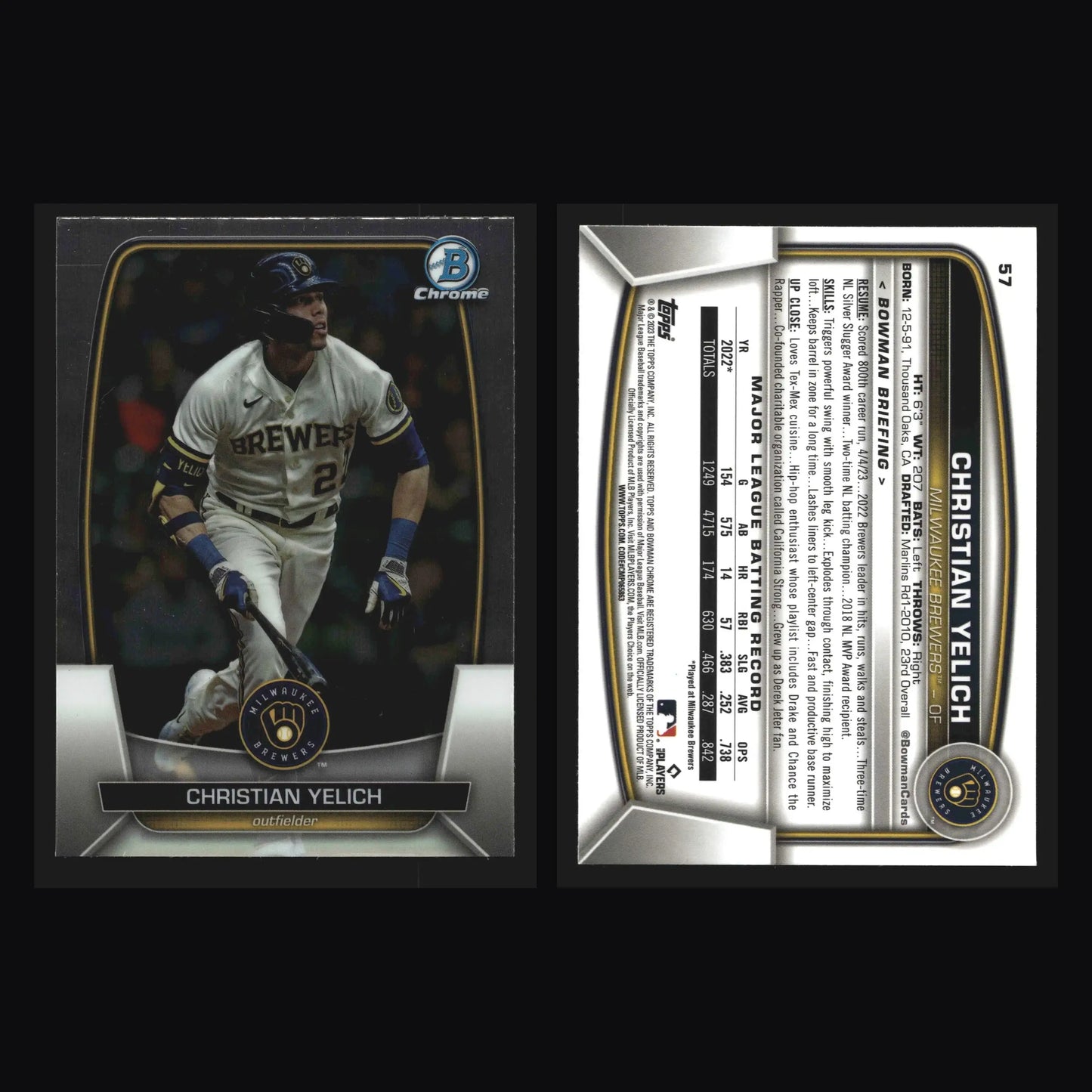 2023 Bowman #57 Christian Yelich Milwaukee Brewers Chrome - Baseball Card Single