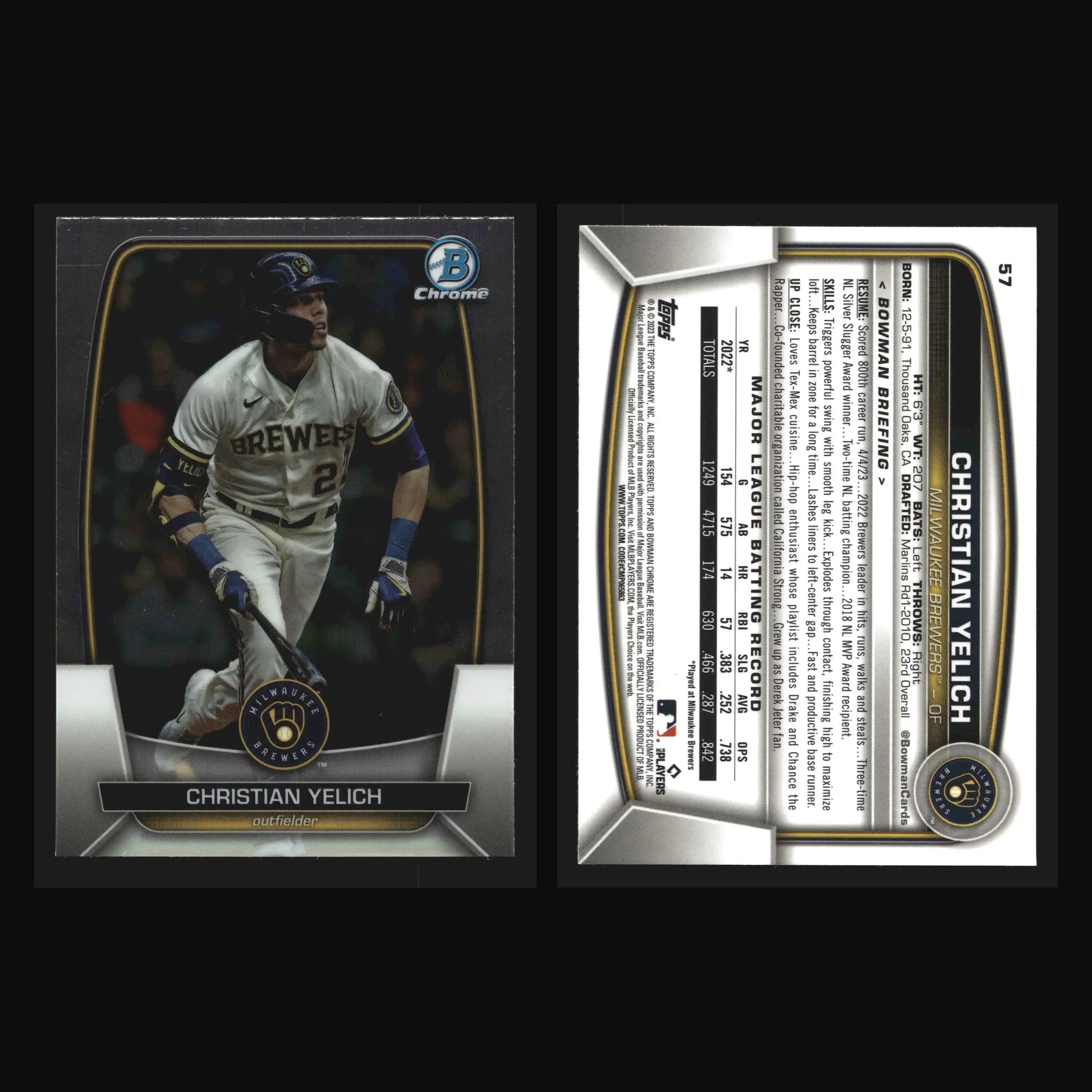 2023 Bowman #57 Christian Yelich Milwaukee Brewers Chrome - Baseball Card Single