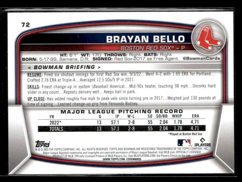 2023 Bowman #72 Brayan Bello - Baseball Card Single