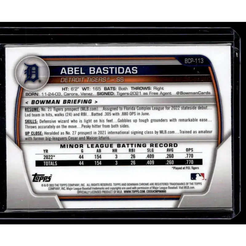 2023 Bowman #BCP-113 Abel Bastidas Chrome Prospects NM-MT - Baseball Card Single