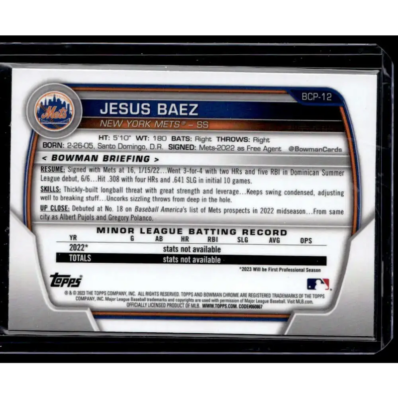 2023 Bowman #BCP-12 Jesus Baez Chrome Prospects Mojo Refractors NM-MT - Baseball Card Single