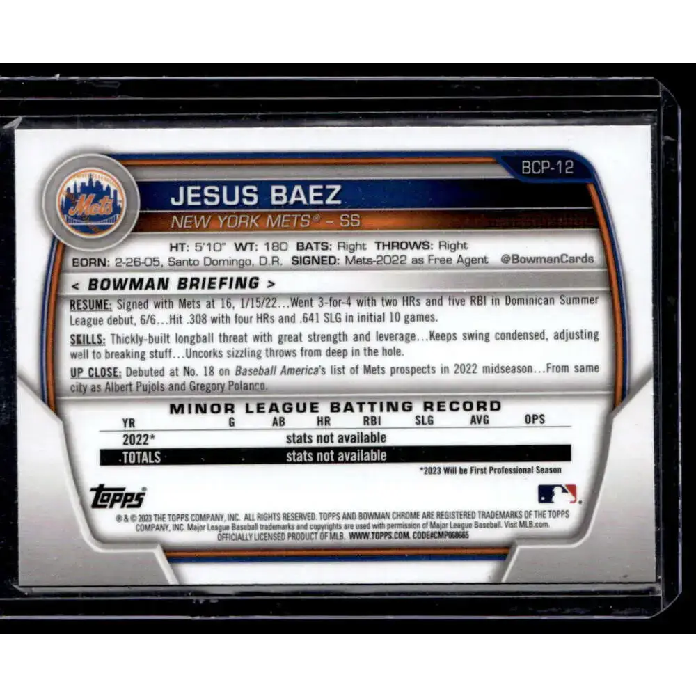 2023 Bowman #BCP-12 Jesus Baez Chrome Prospects NM-MT - Baseball Card Single