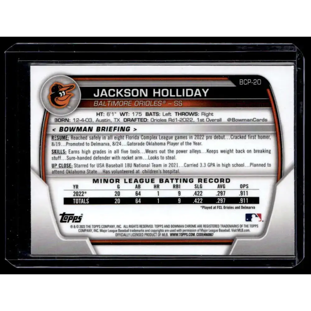 2023 Bowman #BCP-20 Jackson Holliday Chrome Prospects Mojo Refractors NM-MT - Baseball Card Single