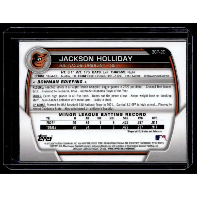 2023 Bowman #BCP-20 Jackson Holliday Chrome Prospects Mojo Refractors NM-MT - Baseball Card Single