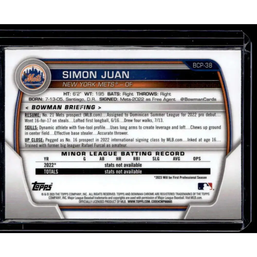 2023 Bowman #BCP-38 Simon Juan Chrome Prospects NM-MT - Baseball Card Single