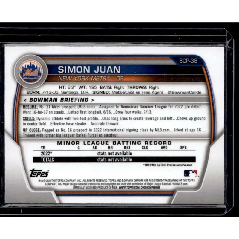 2023 Bowman #BCP-38 Simon Juan Chrome Prospects NM-MT - Baseball Card Single