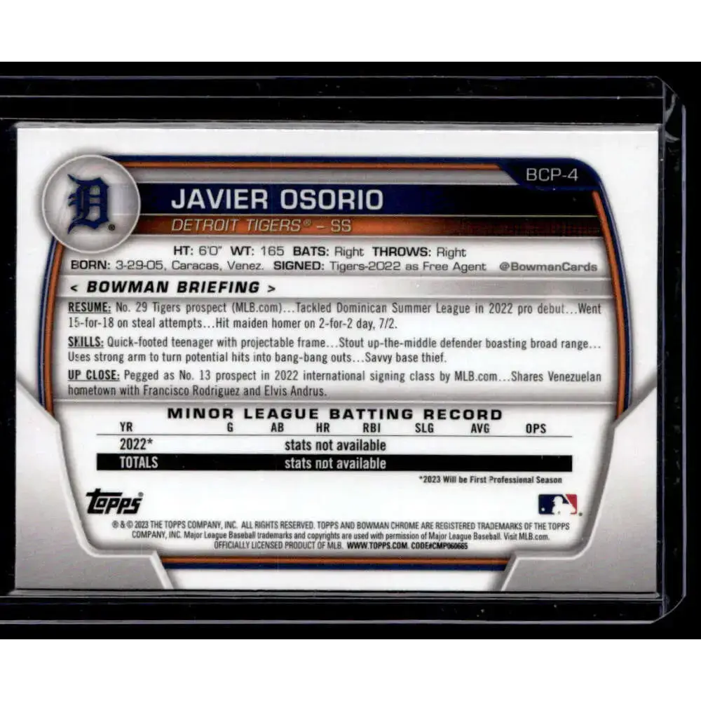 2023 Bowman #BCP-4 Javier Osorio Chrome Prospects NM-MT - Baseball Card Single