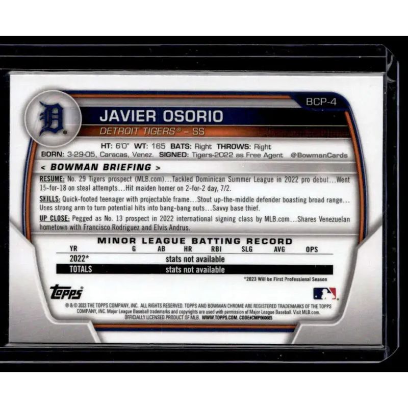 2023 Bowman #BCP-4 Javier Osorio Chrome Prospects NM-MT - Baseball Card Single