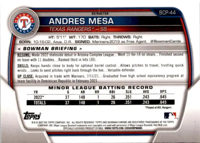 2023 Bowman #BCP-44 Andres Mesa Chrome Prospects Lunar Glow Refractors - Baseball Card Single
