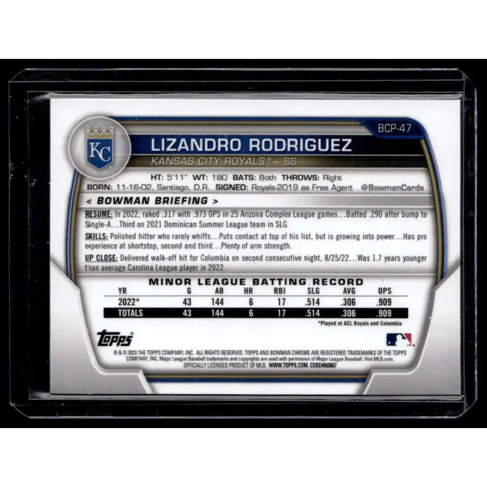 2023 Bowman #BCP-47 Lizandro Rodriguez Chrome Prospects Mojo Refractors NM-MT - Baseball Card Single
