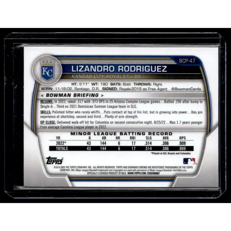 2023 Bowman #BCP-47 Lizandro Rodriguez Chrome Prospects Mojo Refractors NM-MT - Baseball Card Single