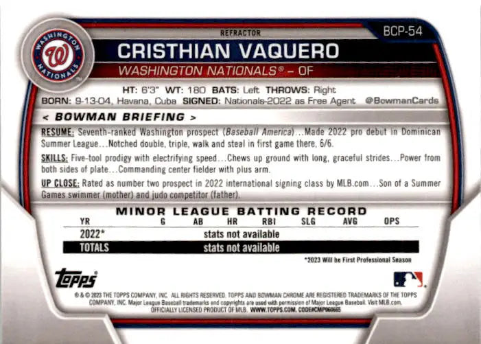2023 Bowman #BCP-54 Cristhian Vaquero Chrome Prospects Lunar Glow Refractors - Baseball Card Single