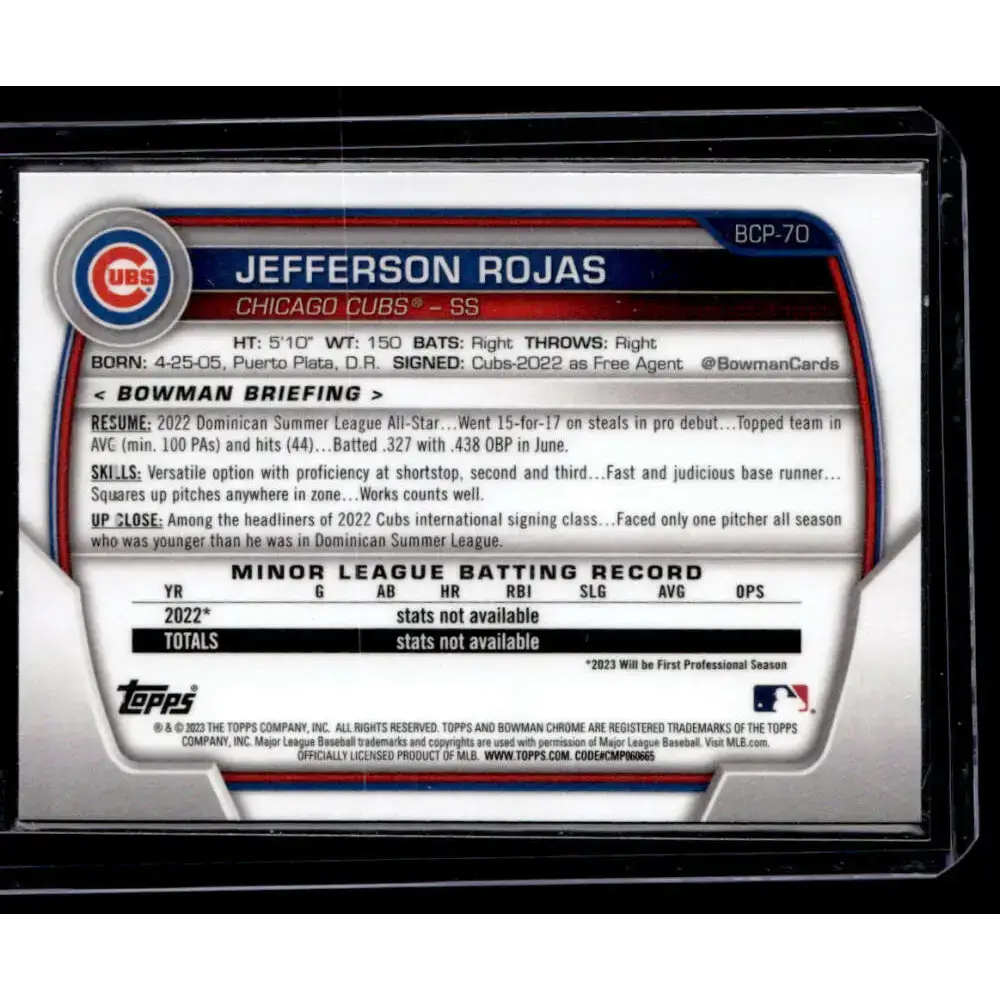 2023 Bowman #BCP-70 Jefferson Rojas Chrome Prospects NM-MT - Baseball Card Single