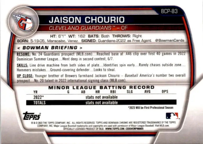 2023 Bowman #BCP-83 Jaison Chourio Chrome Prospects - Baseball Card Single