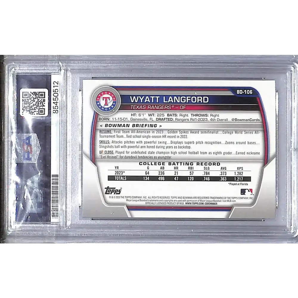 2023 Bowman #BD-106 Wyatt Langford NM-MT Auto Texas Rangers - Baseball Card Single