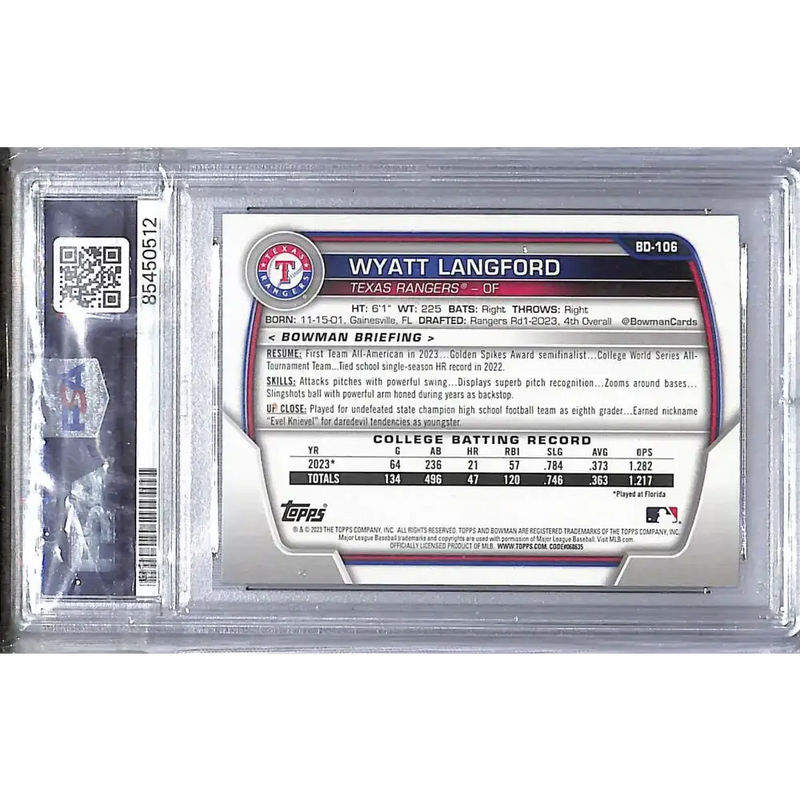 2023 Bowman #BD-106 Wyatt Langford NM-MT Auto Texas Rangers - Baseball Card Single