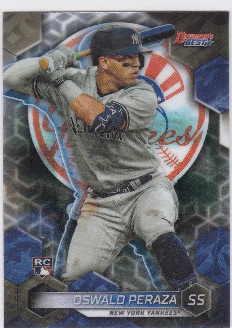 Baseball card of Oswald Peraza in batting stance for Bowman Best New York Yankees