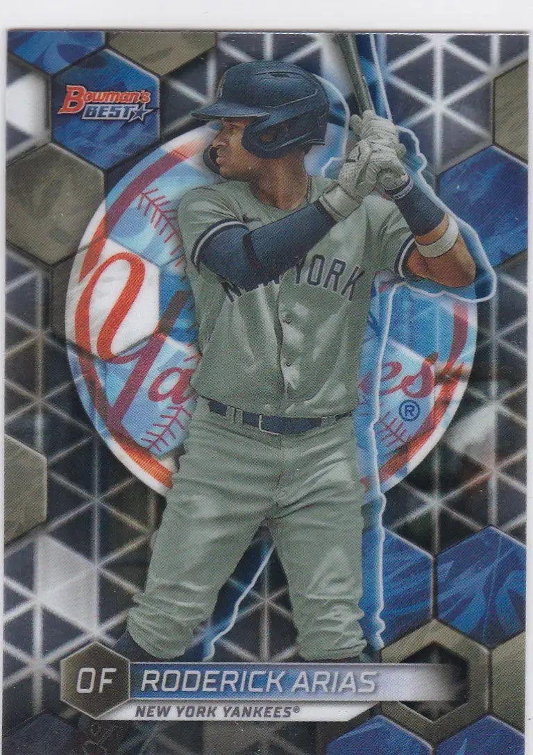 Baseball card of Roderick Arias in batting stance for Bowman Best New York Yankees