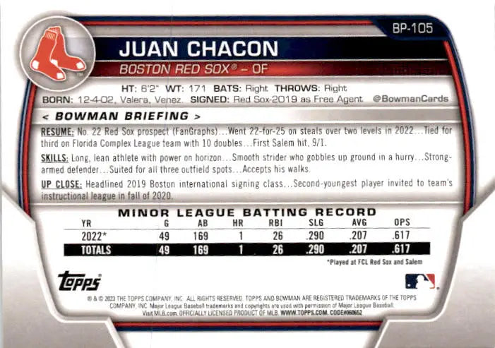 2023 Bowman #BP-105 Juan Chacon Prospects - Baseball Card Single