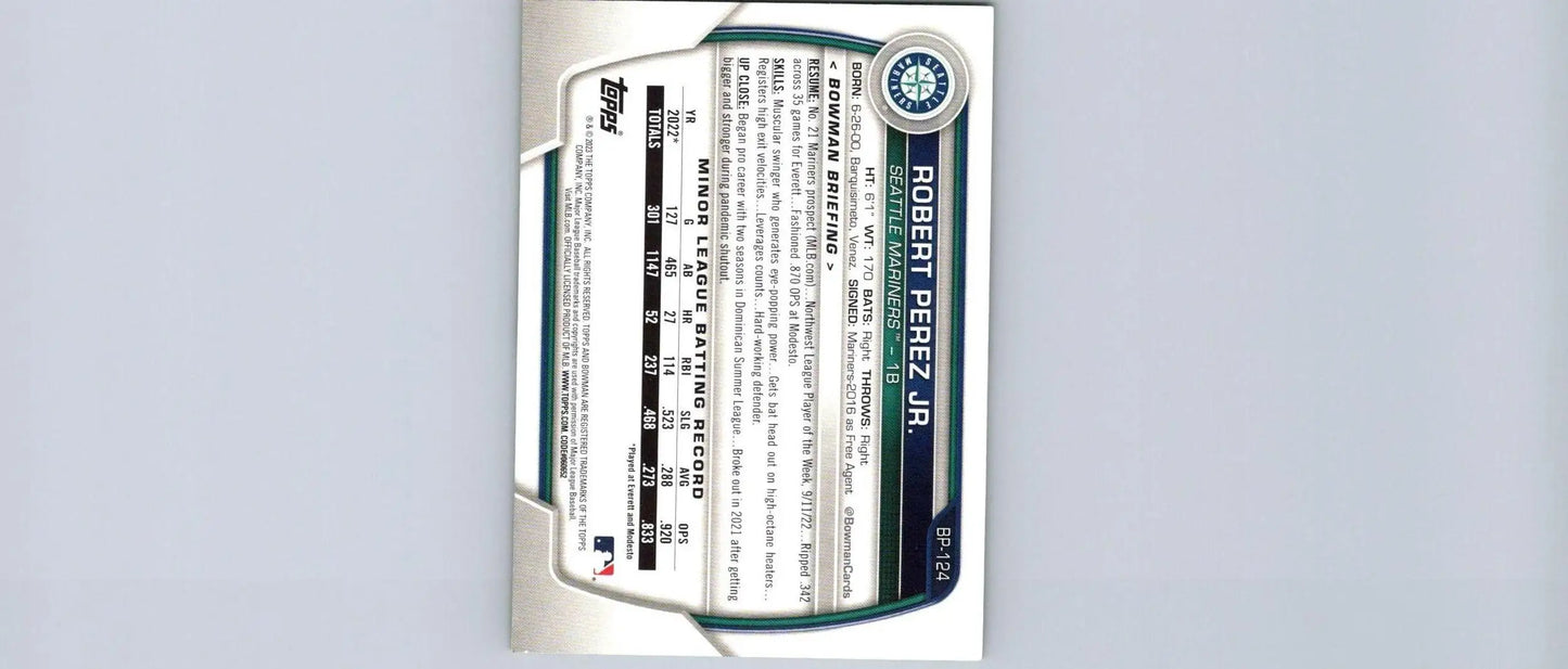 Baseball card back of 2023 Bowman Robert Perez Jr. Prospects Neon Green #/399