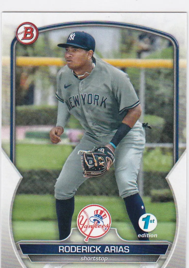 Baseball card of Roderick Arias in gray road uniform for New York Yankees trading cards