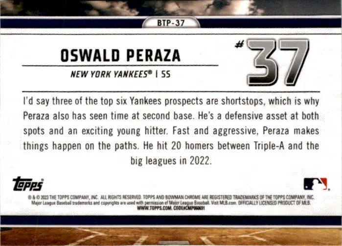 2023 Bowman #BTP-37 Oswald Peraza Bowman Scouts Top 100 - Baseball Card Single