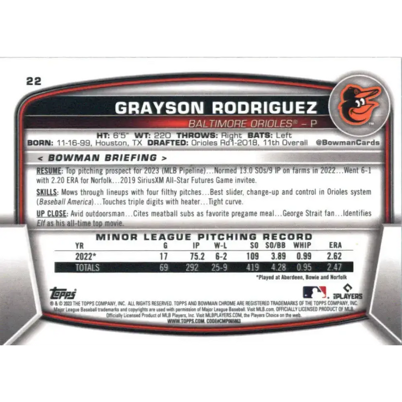 2023 Bowman Chrome #22 Grayson Rodriguez NM-MT RC Rookie Baltimore Orioles Baseball Card - Baseball Card Single