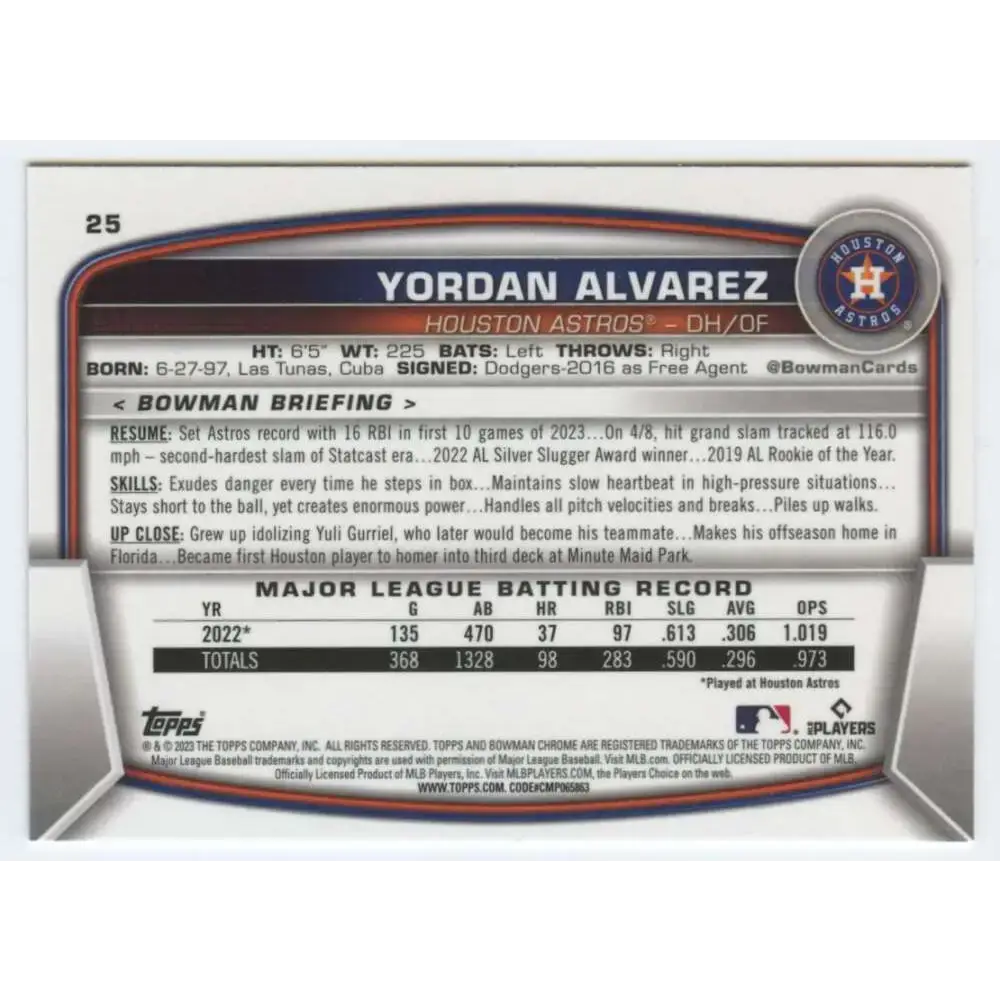2023 Bowman Chrome #25 Yordan Alvarez NM-MT Houston Astros Baseball Card - Baseball Card Single