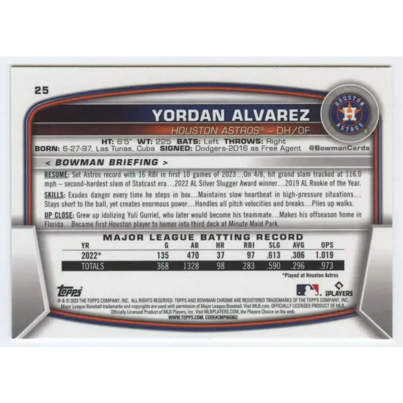 2023 Bowman Chrome #25 Yordan Alvarez NM-MT Houston Astros Baseball Card - Baseball Card Single