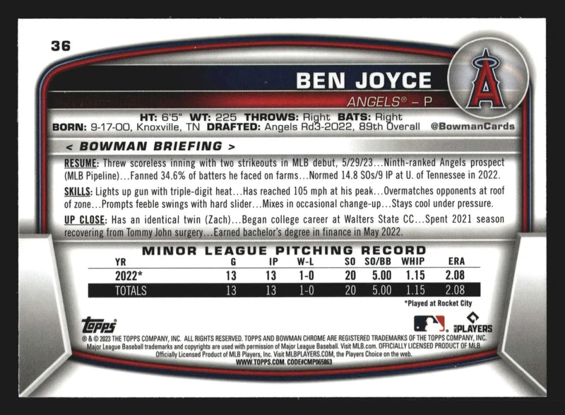 2023 Bowman Chrome #36 Ben Joyce Los Angeles Angels RC