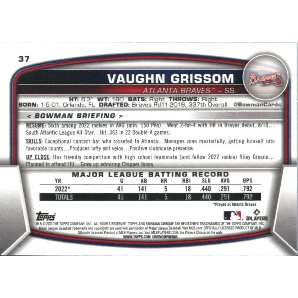 2023 Bowman Chrome #37 Vaughn Grissom NM-MT RC Rookie Atlanta Braves Baseball Card - Baseball Card Single