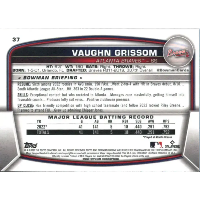 2023 Bowman Chrome #37 Vaughn Grissom NM-MT RC Rookie Atlanta Braves Baseball Card - Baseball Card Single