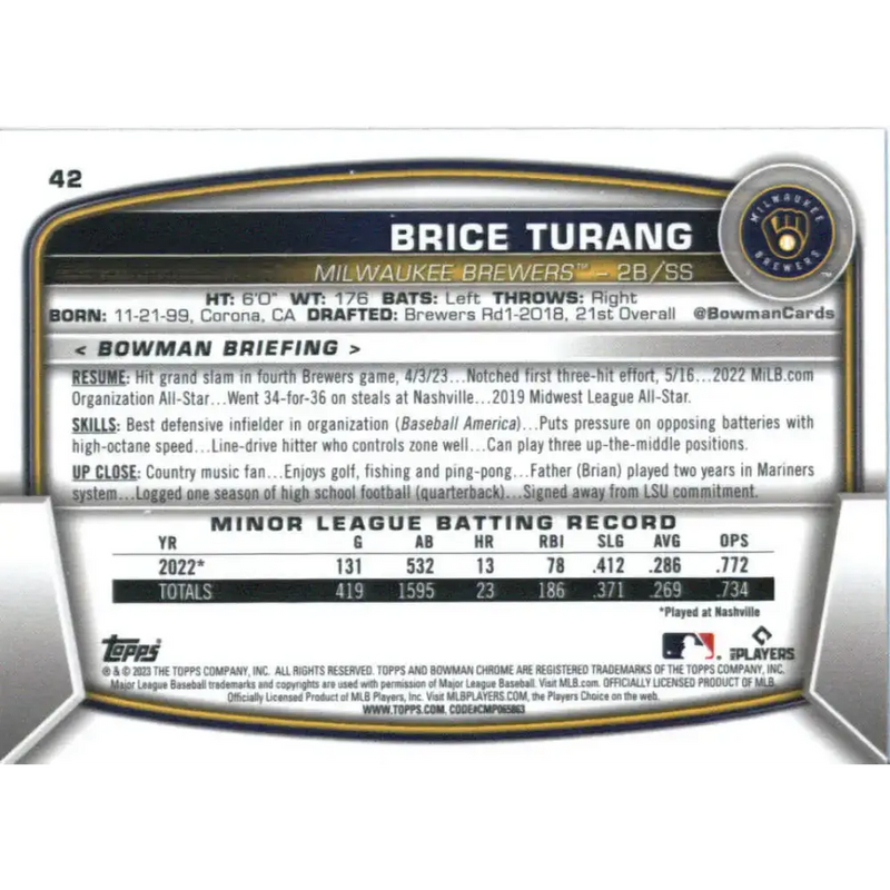 2023 Bowman Chrome #42 Brice Turang NM-MT RC Rookie Milwaukee Brewers Baseball Card - Baseball Card Single