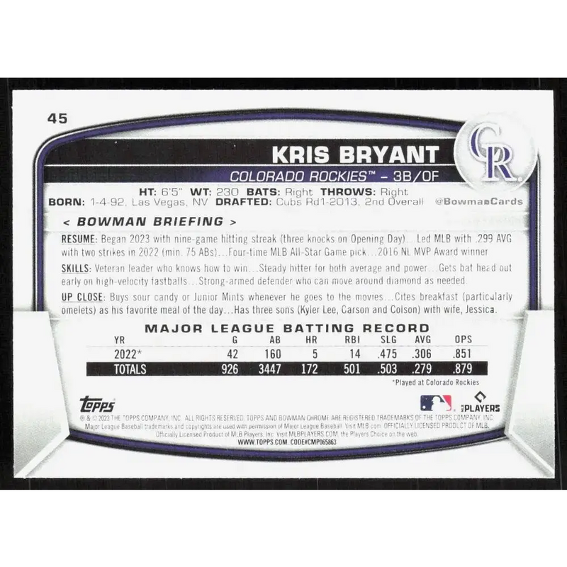 2023 Bowman Chrome #45 Kris Bryant NM-MT Colorado Rockies Baseball Card - Baseball Card Single